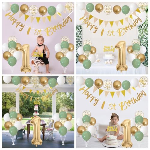 Image of 1st Birthday Decorations for Boys Girls, Sage Green White Gold Birthday Balloons with Happy 1st Birthday Banner First Birthday Cake Decoration Number 1 Balloon for Baby 1 Year Old Birthday Party Decor