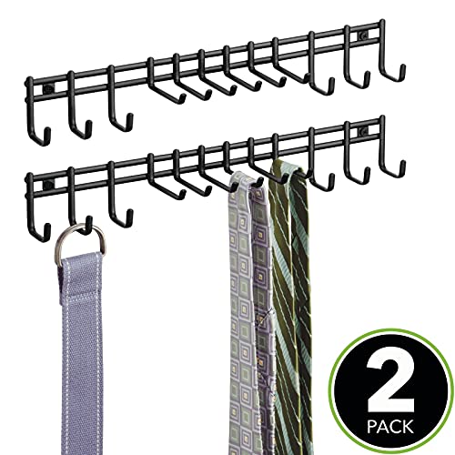 Mdesign Closet Wall Mount Metal Accessory Organizer And Storage Center - Modern Slim Holder For Womens And Mens Ties, Belts, Scarves, Sunglasses, Watches - 12 Hooks, 2 Pack, Matte Black #TOP1