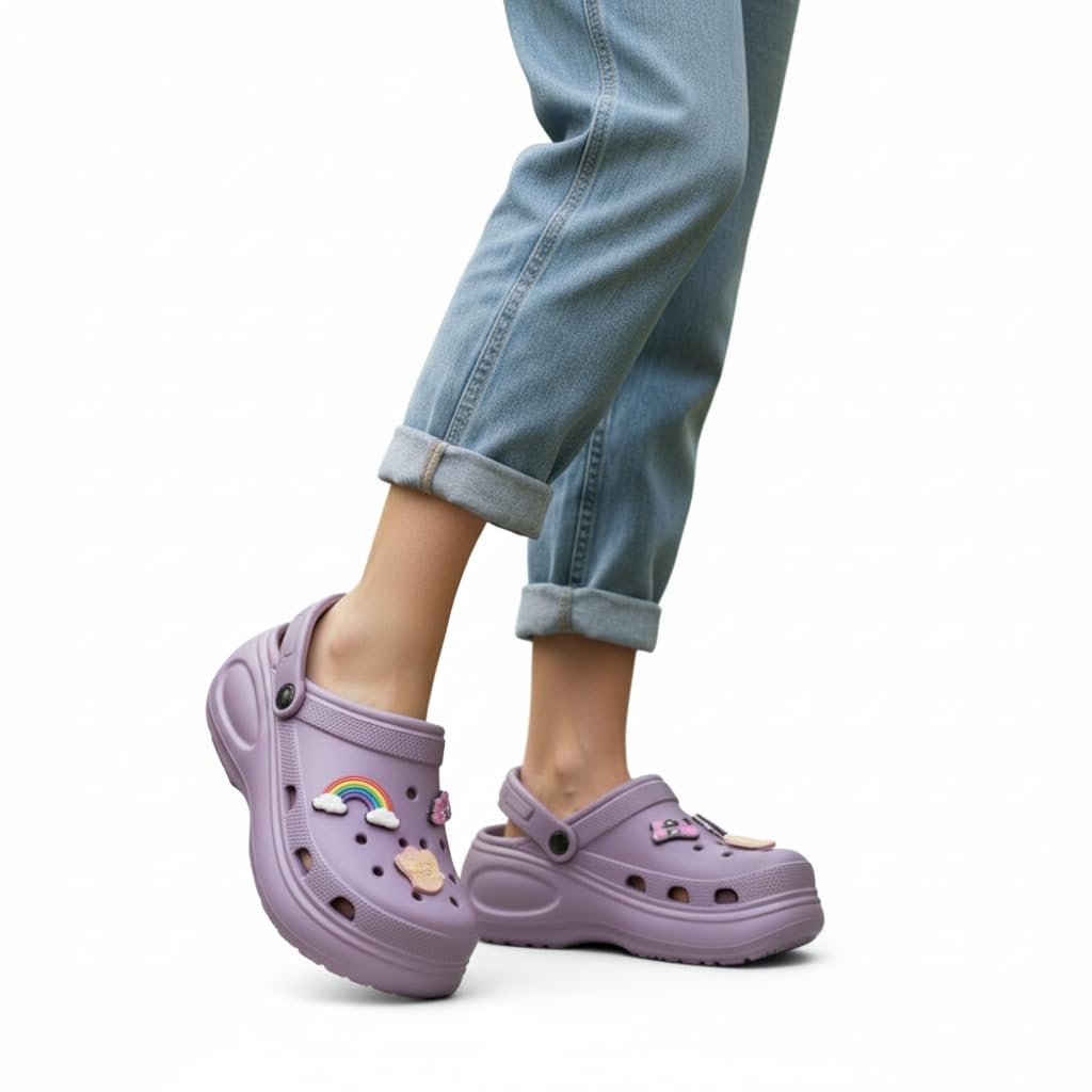 Girls' Classic Comfort Clogs, Purple, Decorative Rainbow and Butterfly Charms-image-13