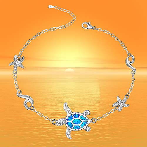 Image of Sea Turtle Ankle Bracelets for Women Blue Opal Sterling Silver Beach Starfish Octopus Conch Ocean Anklets Jewelry Gifts