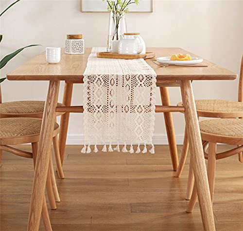 Gemseek 60 Inch Boho Beige Table Runner, Vintage Farmhouse Bohemian Crochet Macrame Table Runner For Wedding Party Coffee Dining Table Decor #TOP6