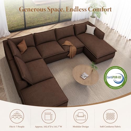 Image of Vesgantti 141.7 inch Oversized Modular Sectional Sofa, Modern 7 Seater Boneless Couch with Chaise and Ottoman, Deep Seat Plush Corduroy Cloud Style for Living Room, No Assembly Required,Brown