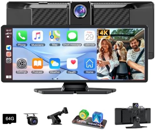 10.26" Carplay Screen for Car, Wireless CarPlay & Android Auto, 350° Rotating 4K Dash Cam & 1080P Rear Camera, Car Play Screen with Mirror Link, Navigation, Voice Assistant, Split Screen, 64GB TF Card