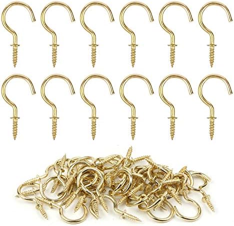 GODLOVEM 40 Pieces Brass Plated Metal Screw-in Ceiling Hooks Cup Hooks, 1.46 Inch, Gold