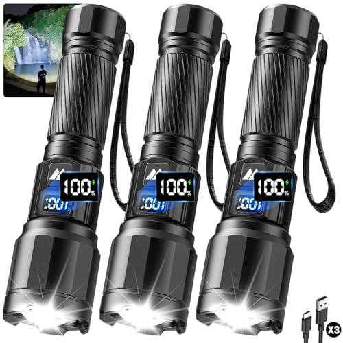 3 Pack Rechargeable Flashlights High Lumens, Super Bright LED Tactical Flashlight with LCD Power Display, Zoomable Flashlights 15H+ Runtime, IP65 Waterproof Flashlights for Home Emergency Camping