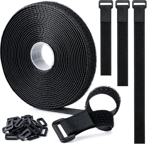 1" x16Ft Hook and Loop Straps with 25 Plastic Buckles, Adjustable Fastening Cable Straps, Free Cut Length, Reusable Nylon Cable Ties for Organizer or Storage, Black