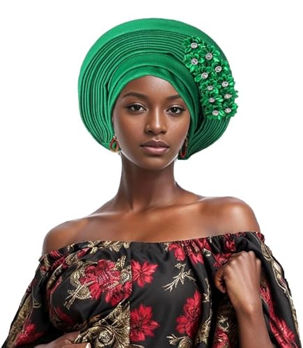 Generic Fashion African Headtie Turban Nigeria Head Ties With Flowers Already Made Auto Gele Women Head Wraps For Wedding Party (One Size,Green)