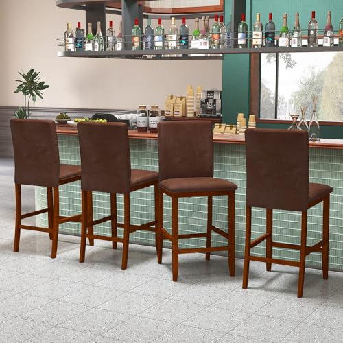 Butacos tapizados de altura para barra COSTWAY, set de 4 sillas de cocina con asiento acolchado en tela y respaldo, estilo mid century modern para comedor y pub, color nogal miniatura 2