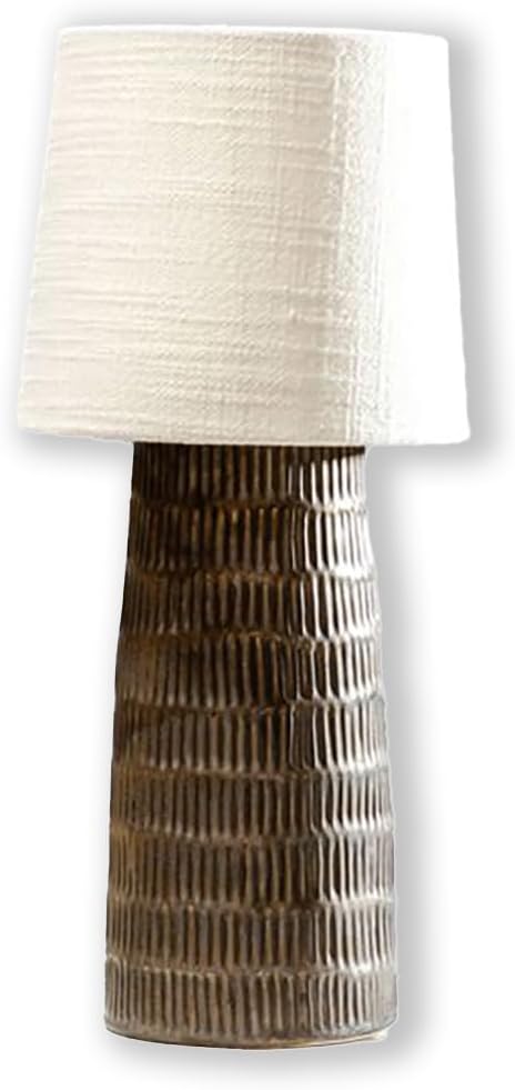 18 inch Bronze Ribbed Deco Table Lamp with Linen Shade - Mid-Century Modern, Industrial, Rustic Farmhouse Accent Lighting for Living Room, Bedroom, Office, Entryway - Stylish & Durable