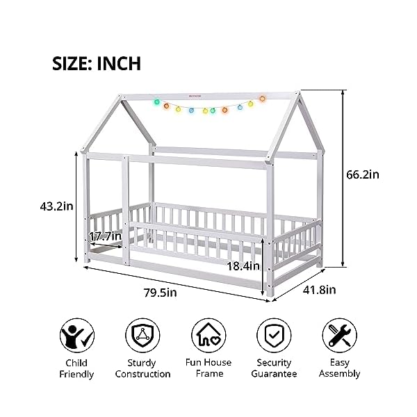 Lls twin size house bed for children solid wood floor bed frame with fence guardrails and roof montessori bed playhouse bed for children girls and boys whiteno bed slats  urban country home decor