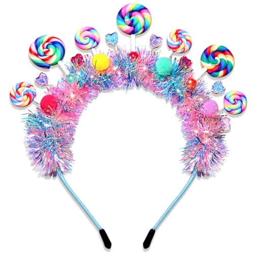 NVENF Candy Headband for Women Girls Colorful Pom Pom Lollipop Headbands Candyland Costume Outfits Candy Accessories Birthday Party Favors Halloween Holiday Christmas Outfits Gifts (Pattern A)