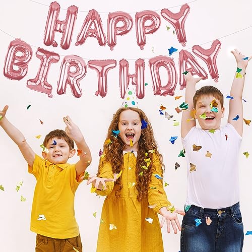 Image of Happy Birthday Balloons Banner Rose Gold 16 Inch Mylar Foil Letters | Inflatable Party Decor and Event Decorations for Kids and Adults | Reusable, Ecofriendly Fun