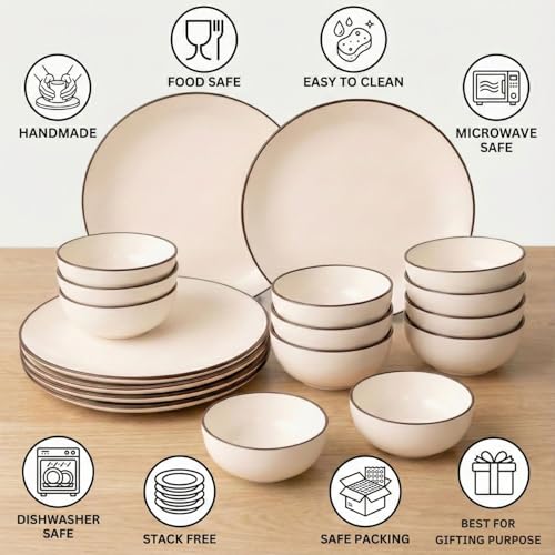 Image of Freakway Minimalist Cream Ceramic Dinnerware Set - 18 Piece(6 Dinner Plates +12 Bowls) Stoneware Dishes with Hand-Painted Brown Rim - Service for 6 - Microwave & Dishwasher Safe-Ivory White