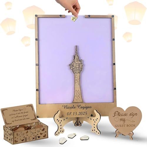 Purple Princess Tower Quinceañera Guest Book, Birthday Guest Book Alternative For Fairy Decoration Theme With Sun Shaped Drop Box - Personalized Enchanted Fairytale Wedding Guest book Alternative