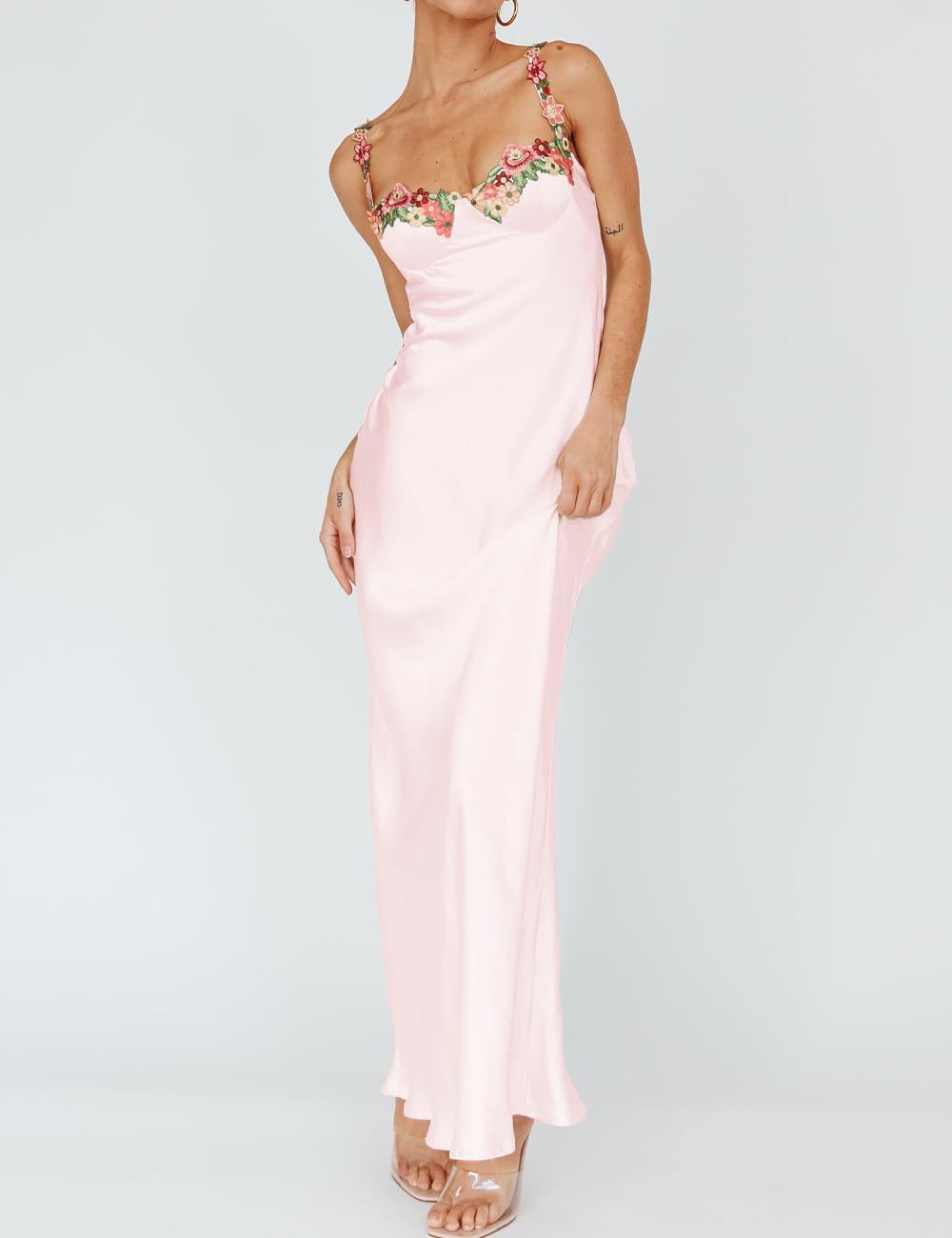 Size S Sexy Satin Spaghetti Strap Floral Embroidered Maxi Dress for Women Sweetheart Neckline Backless Sleeveless Slit Midi Dress