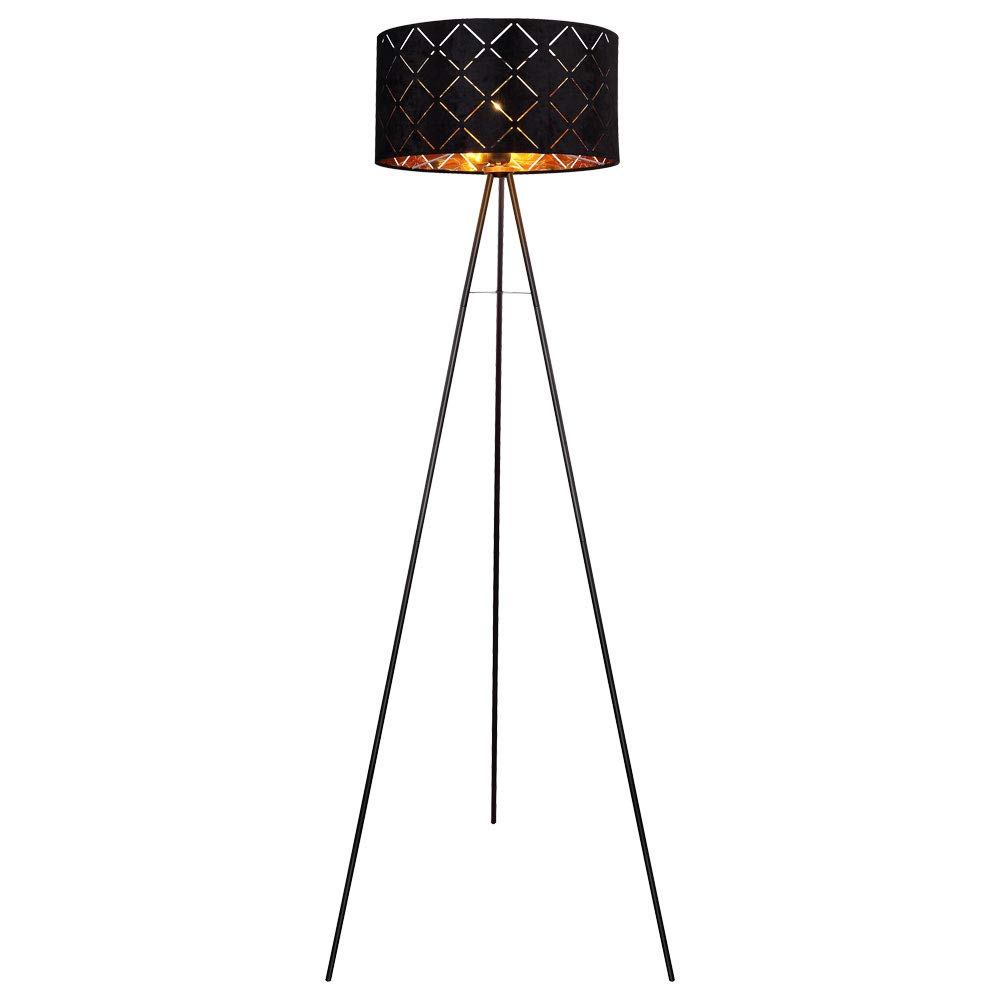 Stehlampe Stehleuchte Beistelllampe Wohnzimmerlampe Schlafzimmerleuchte Stativleuchte, 3 Beine textilschirm schwarz gold, 1x E27 Fassung, DxH 69x149cm