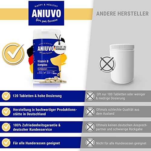 ANIUVO® Vitamin B Komplex Hund [120 Tabletten] für 4 Monate - Hochdosiertes Vitamin B für Hunde - Made in Germany - Hunde Vitamine mit B1, B2, B3, B5, B6, B7, B9 & B12 - Vitamin B Hund