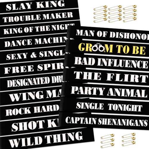 KICOSY 18 Pack Bachelor Party Sashes for Men - Funny Groom to Be Sash Set for Stag Party Wedding & Engagement Celebrations Includes 1Groom to Be Sash + 17 Hilarious Group Sashes with Safety Pins