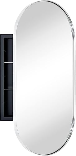 Gabinete de baño empotrado ovalado cromado con espejo de acero inoxidable con marco de metal oblongo, con forma de píldora, gabinete de baño con