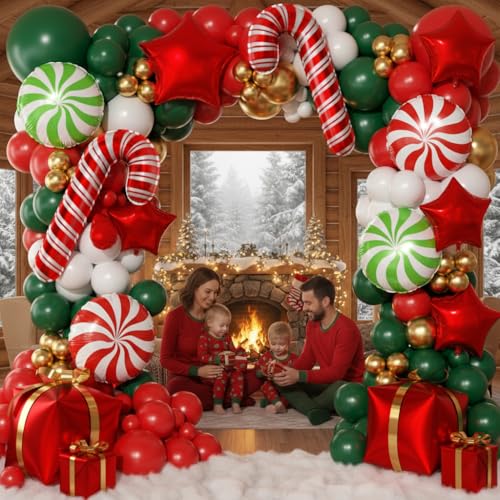 Image of 165Pcs Christmas Balloon Arch Garland Kit with Xmas Red White Green Gold Latex Balloons Gift Box Candy Cane Star Foil Balloons Arch Kit for Christmas New Year Party Birthday Party Decorations