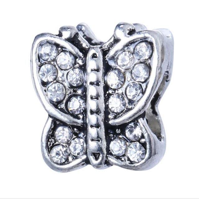 DAVITUAODUOLA 50PCS Fashion Alloy Metal Rhinestone Butterfly Beads fit European Charm bracelet DIY Jewelry For Women RHB77 - (Color: White)