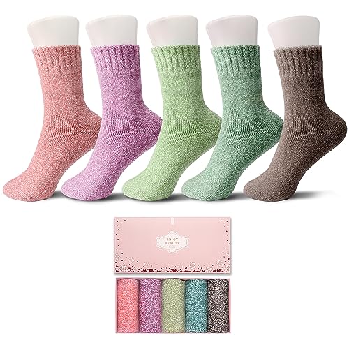 Image of ICEIVY Womens Socks 5 Pairs Wool Warm Cotton Thick Vintage Casual Winter Cabin Crew Fuzzy Socks Gifts For Women
