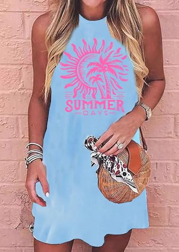 Image of Sun Salt Sand Coconut Tree Tank Mini Dress for Women Casual Loose Sleeveless Beach Praty Shirts Summer Vacation Short Dress