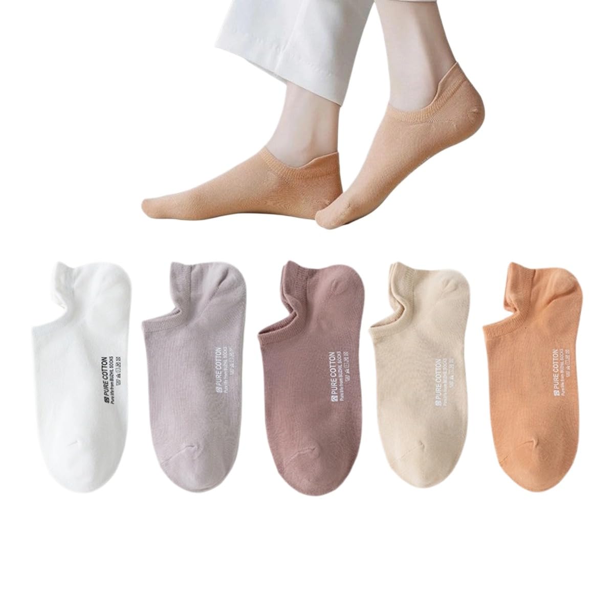 Women's Pure Cotton No Show Ankle Socks 5 Pairs Low Cut Heel Tab Soft 4-8