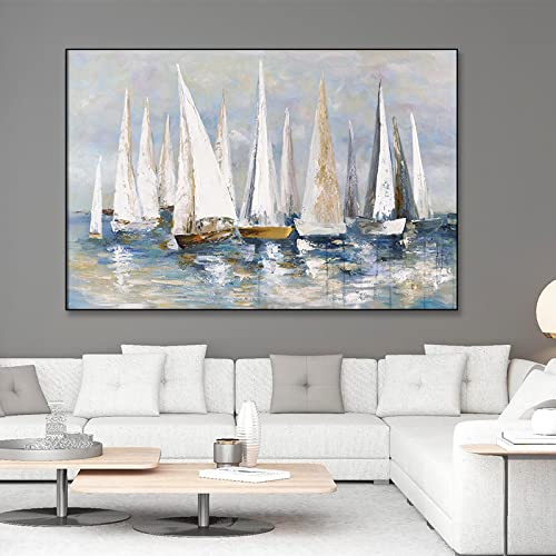 Yishui Art Abstract Wall Art Sailing Boat Canvas Painting Modern Sea Waves Landscape Prints and Posters Living Room Decor Picture 70x100cm(28x39in) Frameless