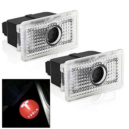 DELEIKA TESLA MOEDL S MOEDL X MOEDL 3 No Drilling Changeable Logo Door Courtesy Welcome Light Laser Emblem Logo Kit Ghost Shadow Lights logo chips replacement 2-pc set (Red LOGO)