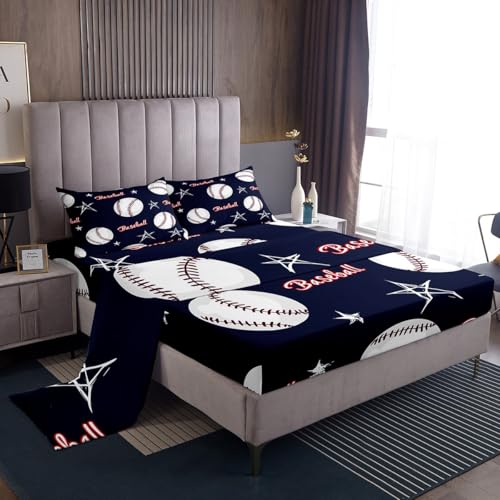 Feelyou Baseball Bed Sheets Set Queen Size Kids Ball Pattern Games Bedding Set for Boys Girls Dark Navy Blue Sports Theme Fitted Sheet Room Decor