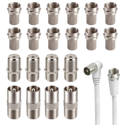 20PCS F Plug Connectors Complete Kit Rg6.Coaxial Cable Connector Waterproof Micro Screw TV Aerial Connector Nickel-Plated Reusable F Type Satellite Connections