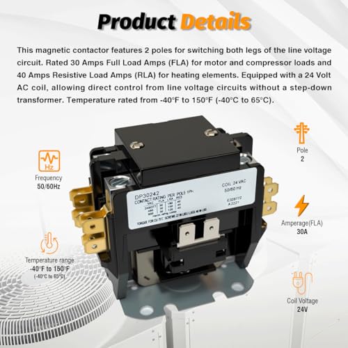 Contactor HVAC Doble DP30242 de 2 polos, 30 amperios, 24 voltios para bomba de calor y aire acondicionado miniatura 5