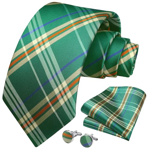 Image of HISDERN Mens Ties Set Stripe Plaid Ties for Men and Pocket Square Cufflinks Formal Silk Necktie Wedding Business