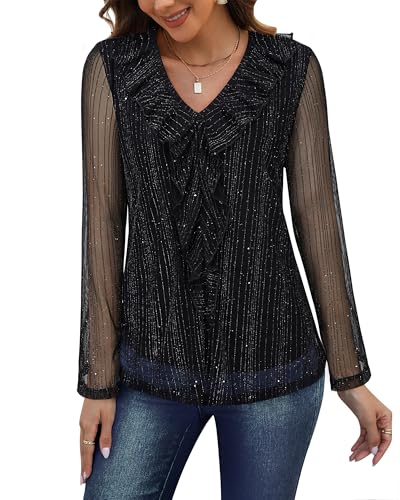 Gaharu Women's Dressy Blouses Long Sleeve Ruffle Shirts Casual Loose Fit Mesh Double Layers Flowy Tunic Tops3