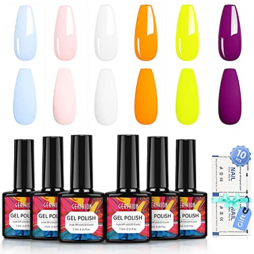 GERSHION Gel Nail Polish, Summer Ruled UV Gel Nail Polish, White Pastel Pink Blue Coral Orange Light Green Purple Gel Polish with 10 Nails Remover Wraps, Nail Polish Soak Off UV LED Cured, 7.5ML H14