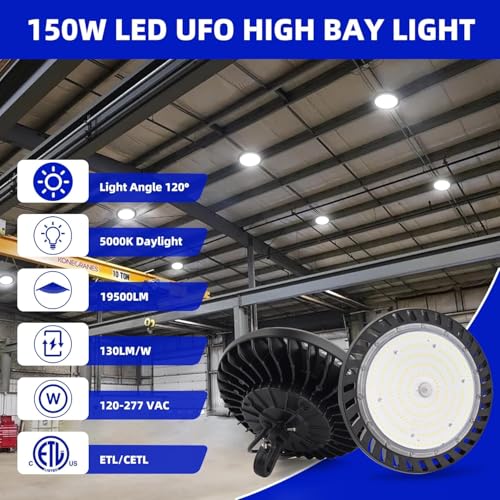 Image of hykolity UFO LED High Bay Light, 150W, 19500LM, 5000K Daylight, 130LM /W | High Bay Shop Lights IP65 Waterproof Commercial Bay Lighting for Warehouse Workshop Factory Shop Barn Factory, ETL, 6 Pack