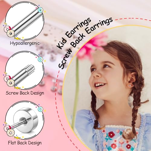 Hypoallergenic Earrings for Girls,Toddler Screw Back Earrings for Kids Baby Women Lightweight Surgical Stainless Steel Cute Pink Bow Butterfly Heart Flower CZ Flat Back Stud Earring for Sensitive Ears3