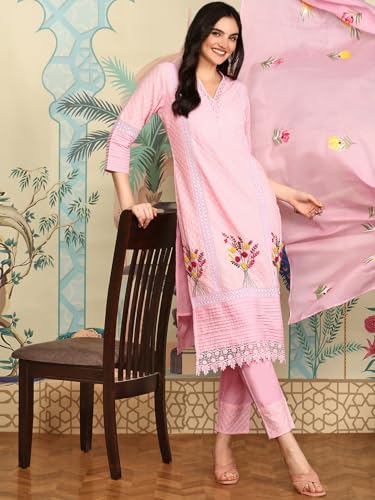 Image of ishin Pink Floral thread work V-Neck Pure Cotton Straight Kurta With Trousers & Dupatta | Kurta set for women | Kurta with trousers and dupatta