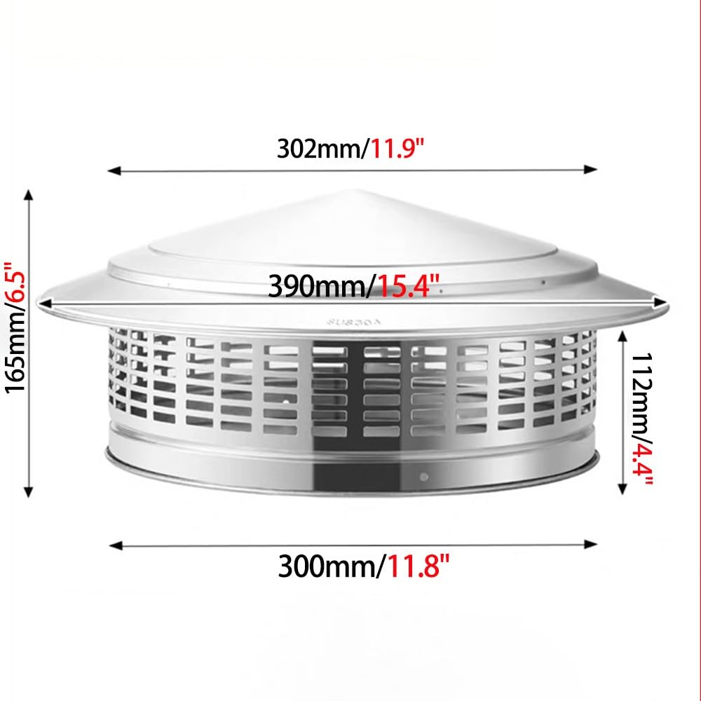 Tapa de Chimenea de Acero Inoxidable Sombrerete Chimenea Sombrerete Antilluvia Caperuza Salida Humos con Antipajaros 75mm 110mm 220mm para Chimeneas Barbacoas Estufas(300mm)