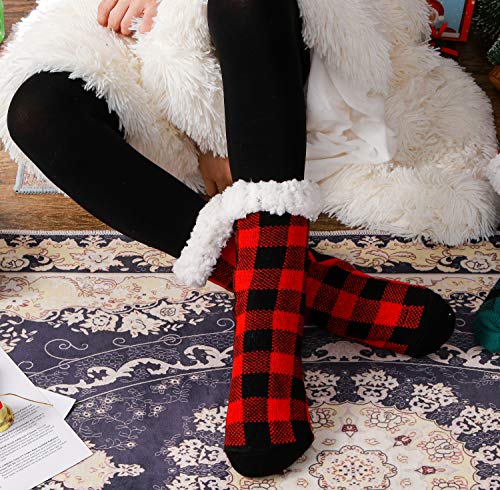 Anlisim Women Slipper Socks Fluffy Fuzzy Cabin Cozy Winter Warm Comfy Soft Fleece Thick Home Stocking Stuffers With Grips Non Skid Gift Socks（Plaid (Red)） #TOP4
