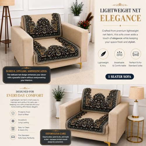 Image of Homerz Premium 'Maharaja Paradise Series' Sofa Cover | Net Fabric Sofa Cover | Washable, Anti-Dust Backed & Wrinkle Resistant Cover (Beige Empress, 1 Seater, Seat Cover with Backrest)