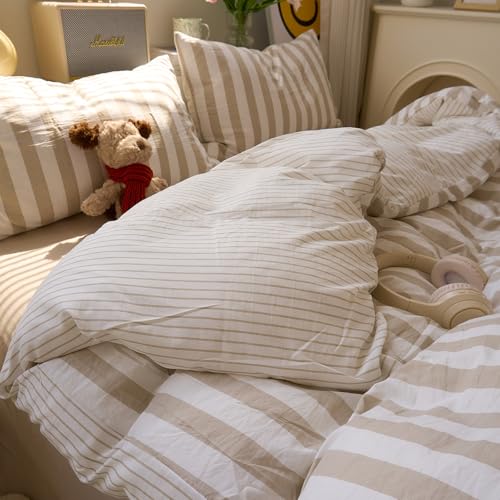 Image of VM VOUGEMARKET Khaki Striped Duvet Cover Set Queen Teens Boys Girls Dorm Bedding Set Soft Lightweight Reversible Microfiber Farmhouse Duvet /Quilt Cover-90 x90,Khaki White