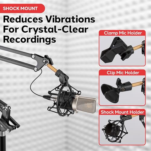 Image of Pyle Microphone Boom Suspension Stand - Adjustable Scissor Spring Arm Floor Mic Stand with Shock Mount, Pop Filter, 3.1 ft Arm Extension for Podcast, Studio, Streaming, Radio Broadcasting, Black