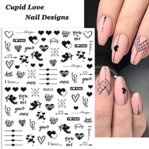 Heart Nail Art Stickers,8 Sheets Hearts Nail Decals For Women,Nail Art Supplies 3D Self Adhesive Heart Nail Stickers,Black Red Love Heart Angel Cupid Nail Designs Diy Acrylic Nails Art Decorations #TOP4