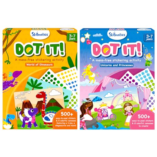 Skillmatics Dot It Dinosaurs & Dot It Unicorns & Princesses Bundle, No Mess Sticker Art for Kids, Craft Kits, DIY Activity, Gifts for Boys & Girls Ages 3, 4, 5, 6, 7, Travel Toys for Toddlers