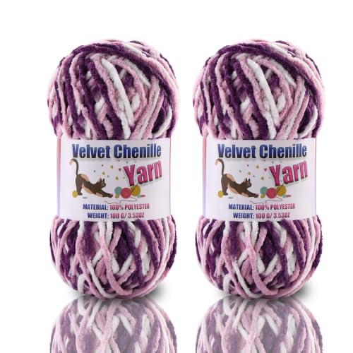 Image of 2 * 100g /3.5oz Fluffy Chenille Yarn for Crocheting, Chunky Velvet Yarn for Crochet Amigurumi, Used for Making Baby Yarns Blanket, Clothes, Pattern Knitting Creations (2- Colorful-F)