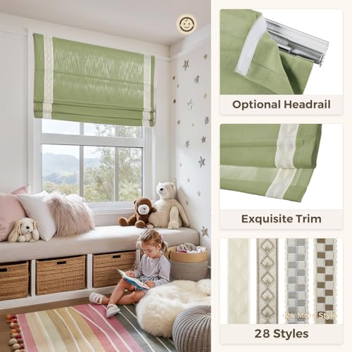 Image of TWOPAGES Isabella No Drill Cordless Roman Shade Linen Textured Cotton Roman Blind for Windows, Custom Made Room Darkening Blackout Roman Window Shade, Hardware Included, Green, 1 Piece