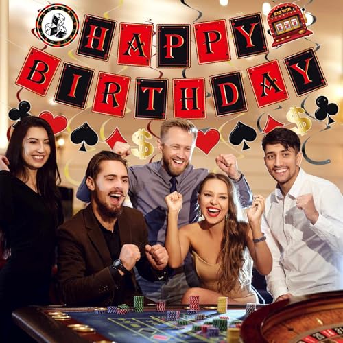 Pre-Strung 11PCS Casino Theme Happy Birthday Banners - Red Black Poker Birthday Party Decorations - Hanging Swirl Decor Supplies - Casino Games