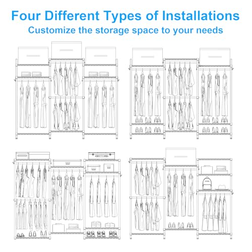 Ulif E13 Heavy Duty Clothes Rack(With 4 Hanger Rods & 8 Shelves) Freestanding Clothing Racks for Hanging Clothes,Adjustable Closet Organizer,Metal Garment Rack 63" W x16 D x77 H,Max Load 900LBS,White